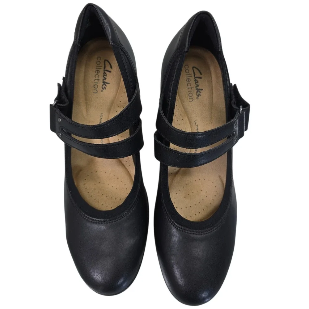 Clarks Collection Black Leather Mary Jane Block Heel Pumps Womens 9 261841294065